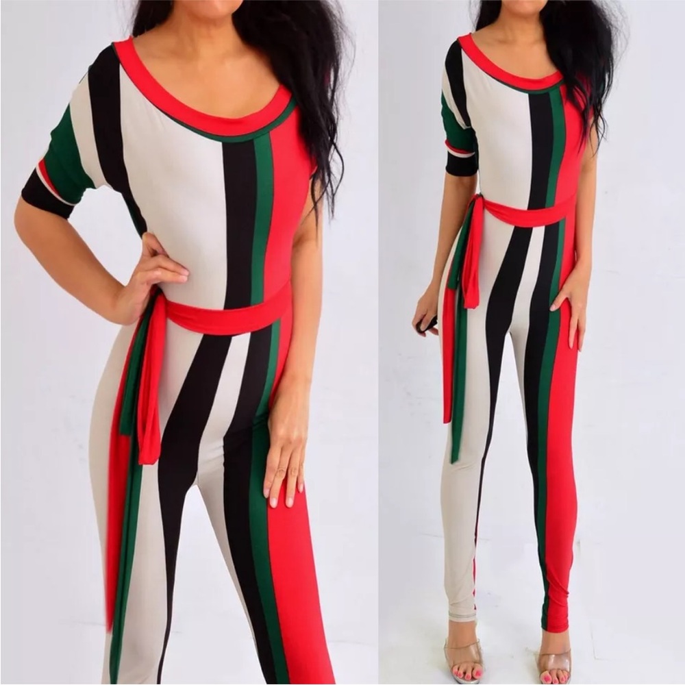 MONACO Red Green Black Skinny Pants Romper Jumpsuit L M Medium NWT